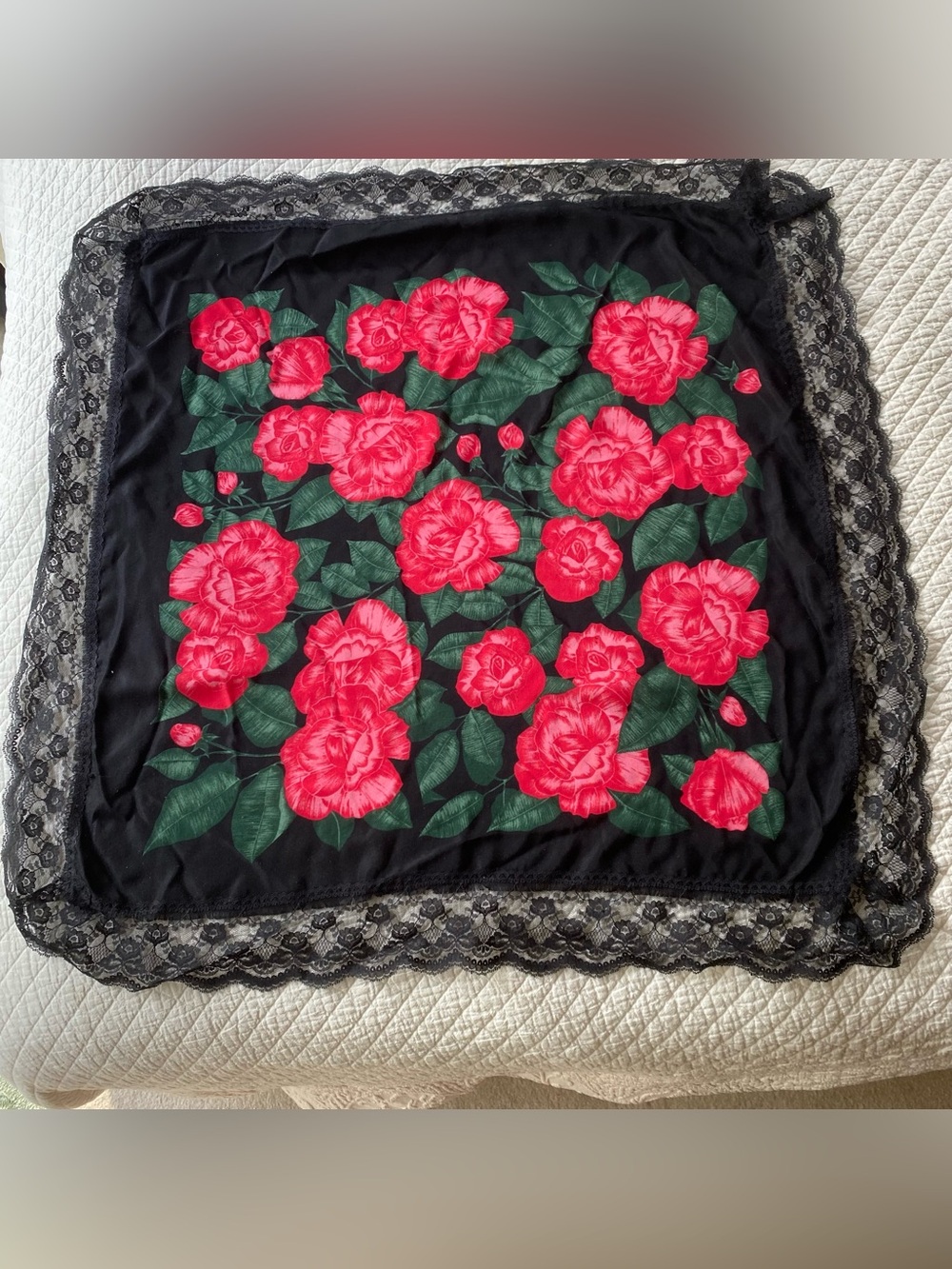 Black Floral Square Scarf Red Roses Lace Trim 35-inch square Whimsigoth Romantic